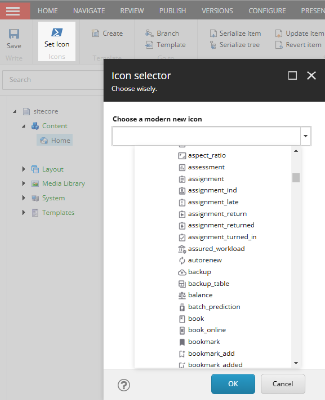 Sitecore icon selector window displaying a list of modern icons for component customization