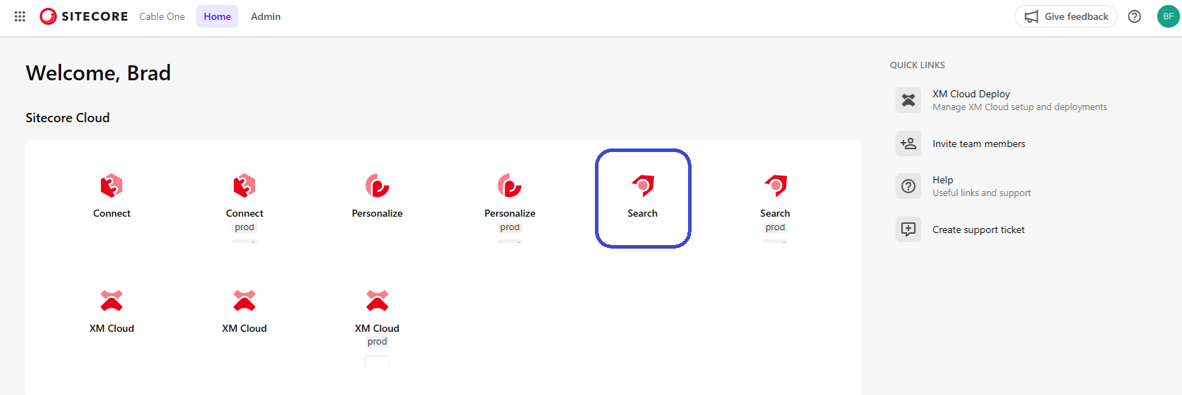 Sitecore Cloud dashboard with the Search app highlighted