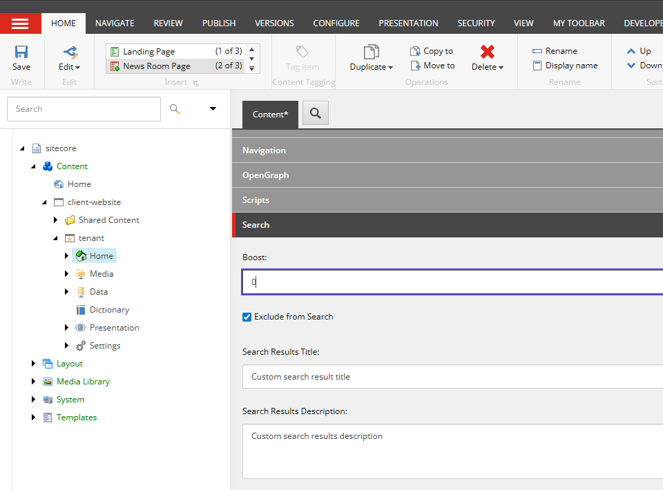 Sitecore content item with Boost field set to 0 and Exclude from Search checkbox selected.
