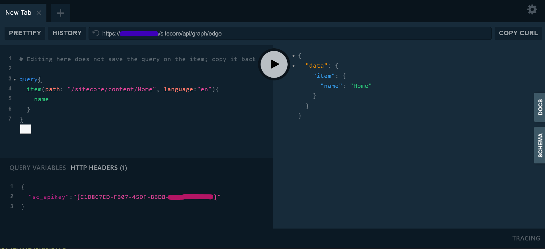 GraphQL browser querying the Sitecore Edge API for an item's name.