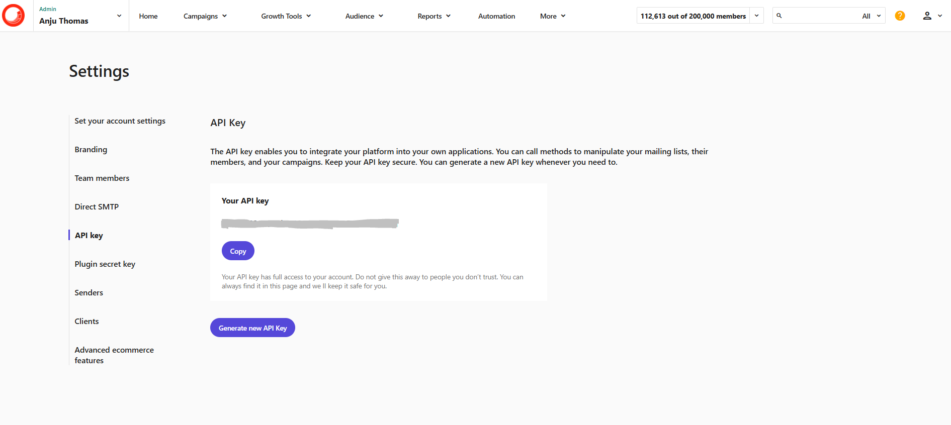 API Key settings page showing a generated API key with options to copy it or generate a new one