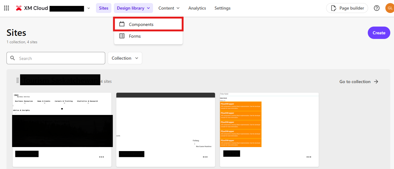Sitecore XM Cloud Sites dashboard showing the Design Library dropdown menu with Components highlighted for managing FEaaS components.