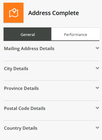 Address Complete form settings with expandable sections for address details