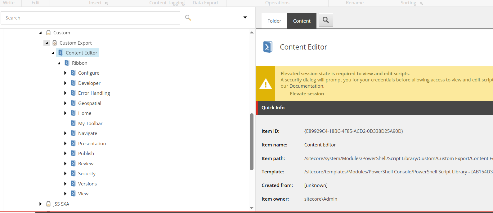 Sitecore Content Editor displaying populated integration points under Content Editor ribbon