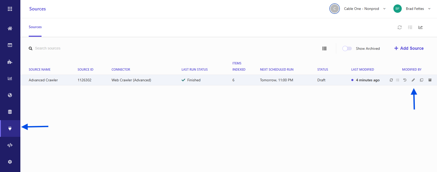 Sitecore Search source configuration page showing a web crawler source with indexing status