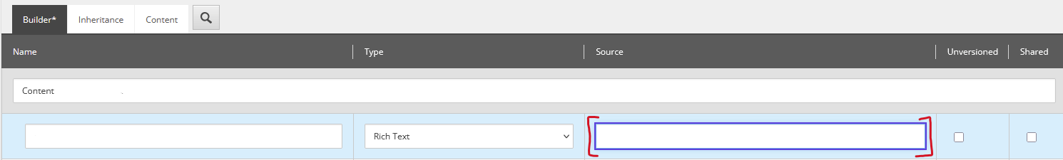 Sitecore field editor showing a Rich Text field with an empty source field highlighted