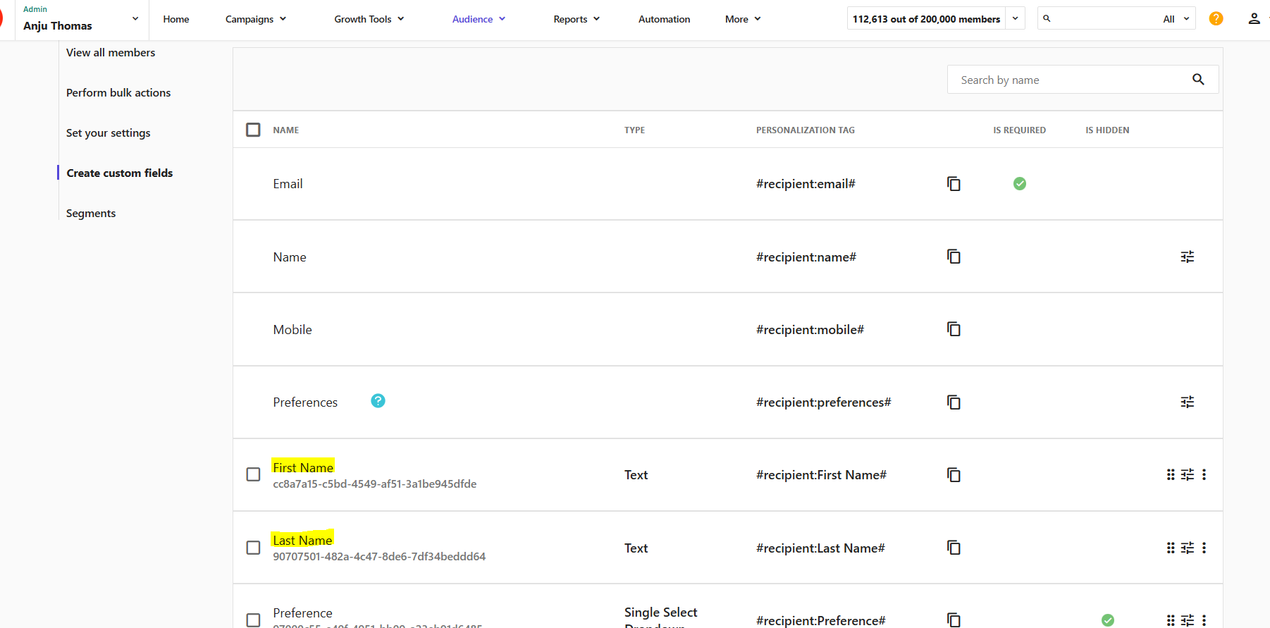 Custom fields dashboard showing user data fields