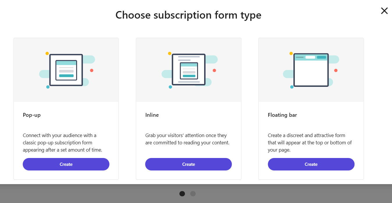 Subscription form type selection screen showing options for Pop-up, Inline, and Floating bar with descriptions and create buttons