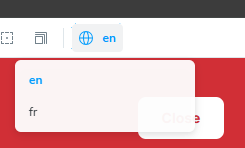 Language switcher dropdown showing English and French options.