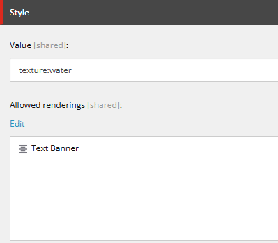 Text Banner component in Sitecore with the Design tab open, showing a dropdown for Background Texture with options: Colors, Cork, and Water