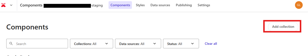 Sitecore XM Cloud Components view with Add collection button highlighted to begin creating a new FEaaS component collection.