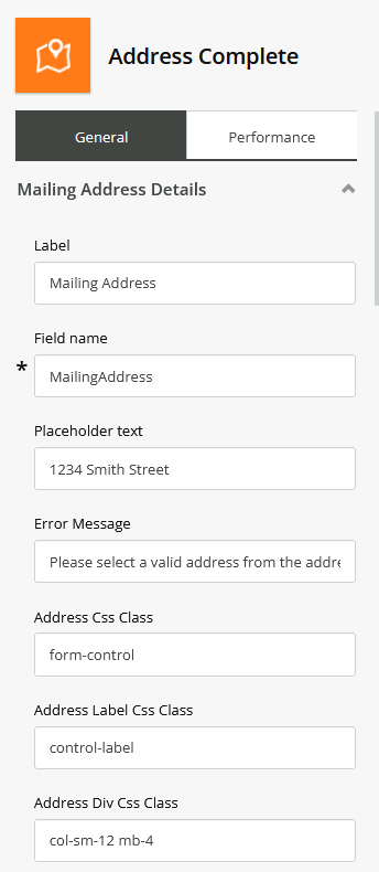 Address Complete field configuration showing label, placeholder, error message, and CSS class settings