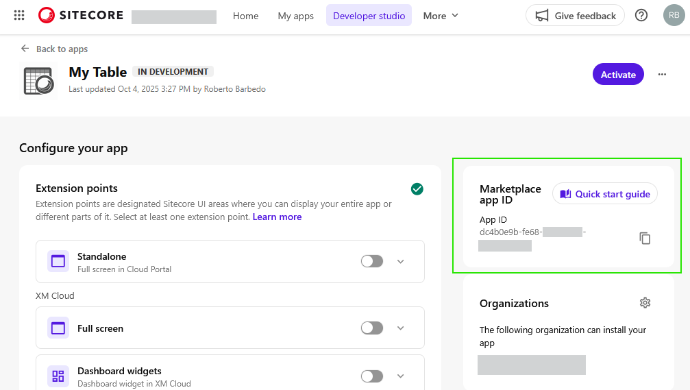 App configuration screen, highlighting the Marketplace app ID.