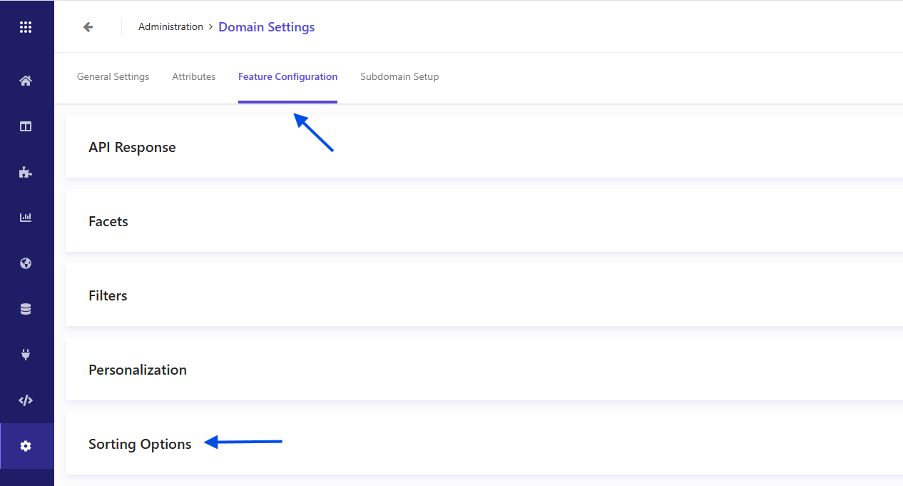 Admin settings showing the Feature Configuration and Sorting Options panels.