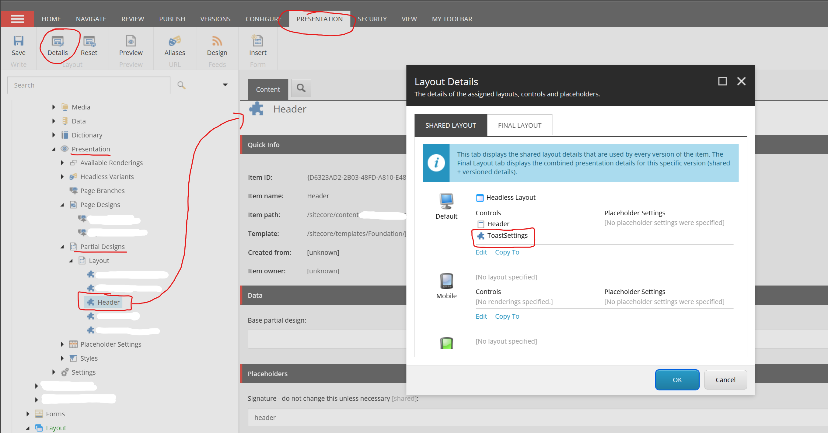 Layout Details dialog showing the ToastSettings rendering added to a Partial Design.