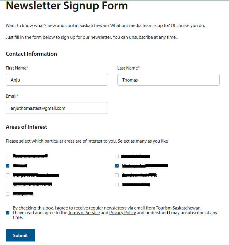 Completed newsletter signup form with user input