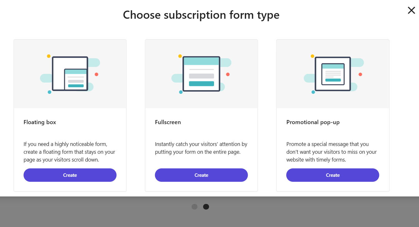 Subscription form type options including Floating box, Fullscreen, and Promotional pop-up with descriptions and create buttons