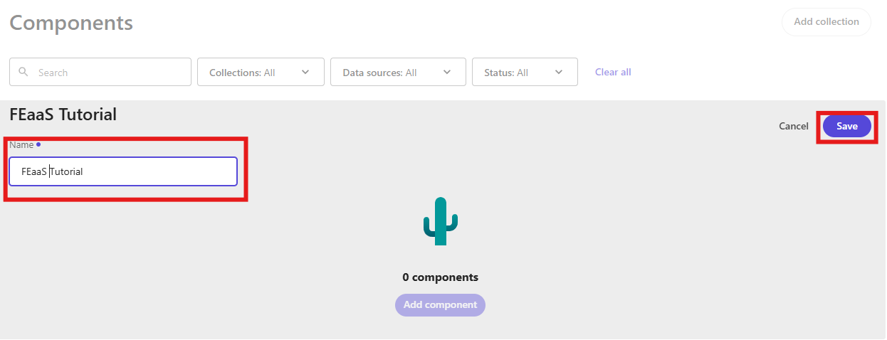 Creating a new FEaaS collection in Sitecore XM Cloud with FEaaS Tutorial entered as the name and the Save button highlighted