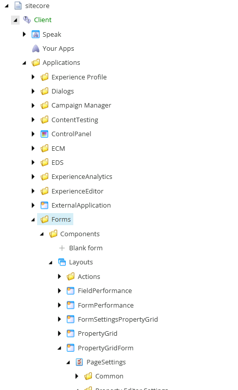 Sitecore content tree showing the path to Forms layout components under the Applications section