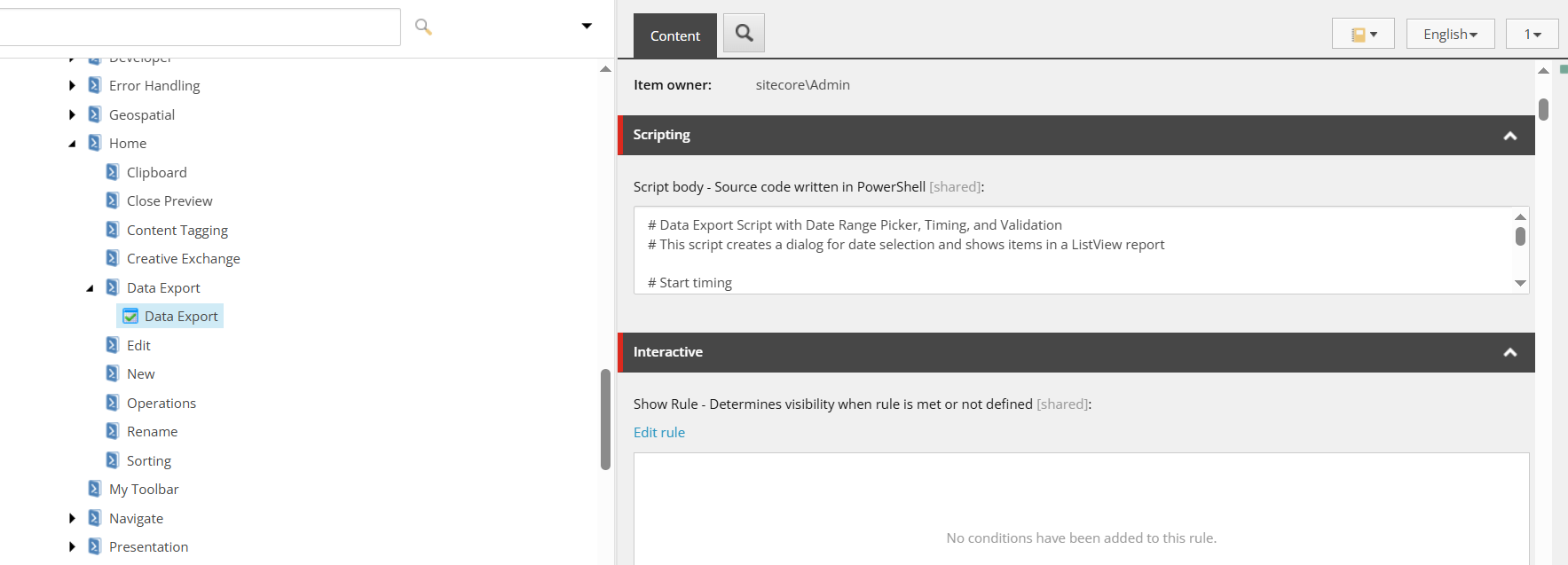 Script body panel showing PowerShell code and Show Rule section in Sitecore