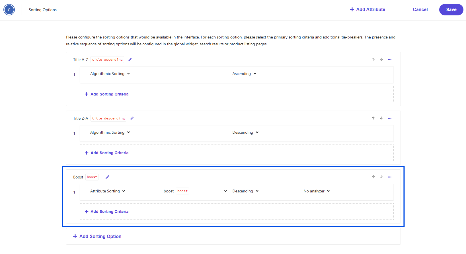 Sorting options setup with Boost attribute used in descending order.