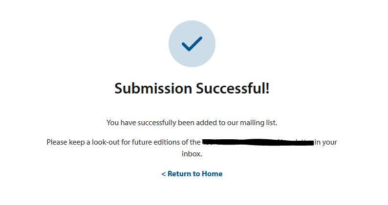 Confirmation screen with a checkmark icon and message stating Submission Successful!