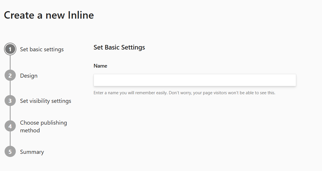 Create a new Inline form setup screen showing five-step process