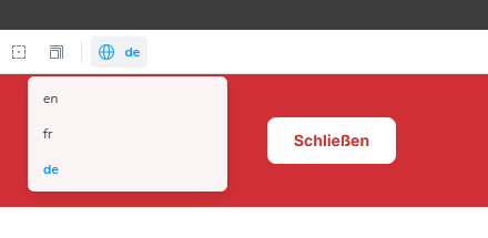 Language switcher expanded with English, French, and German options. ‘Schließen’ shown on the button.