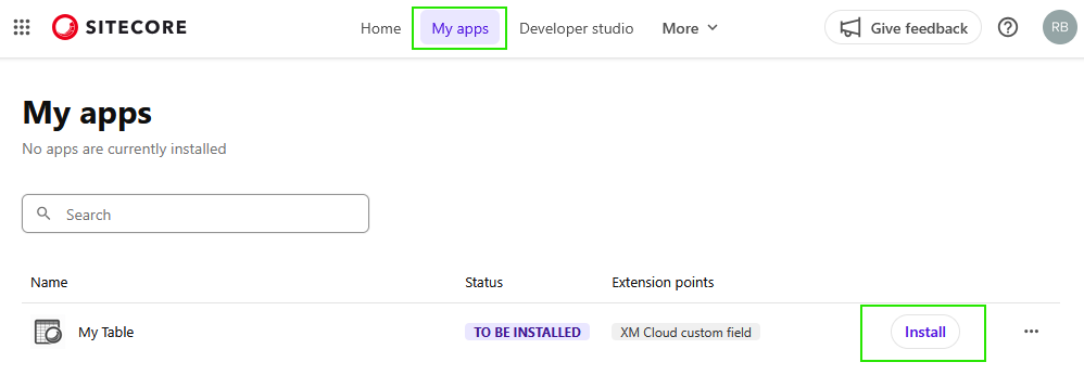 Sitecore My apps screen showing the My Table app with an Install button highlighted.