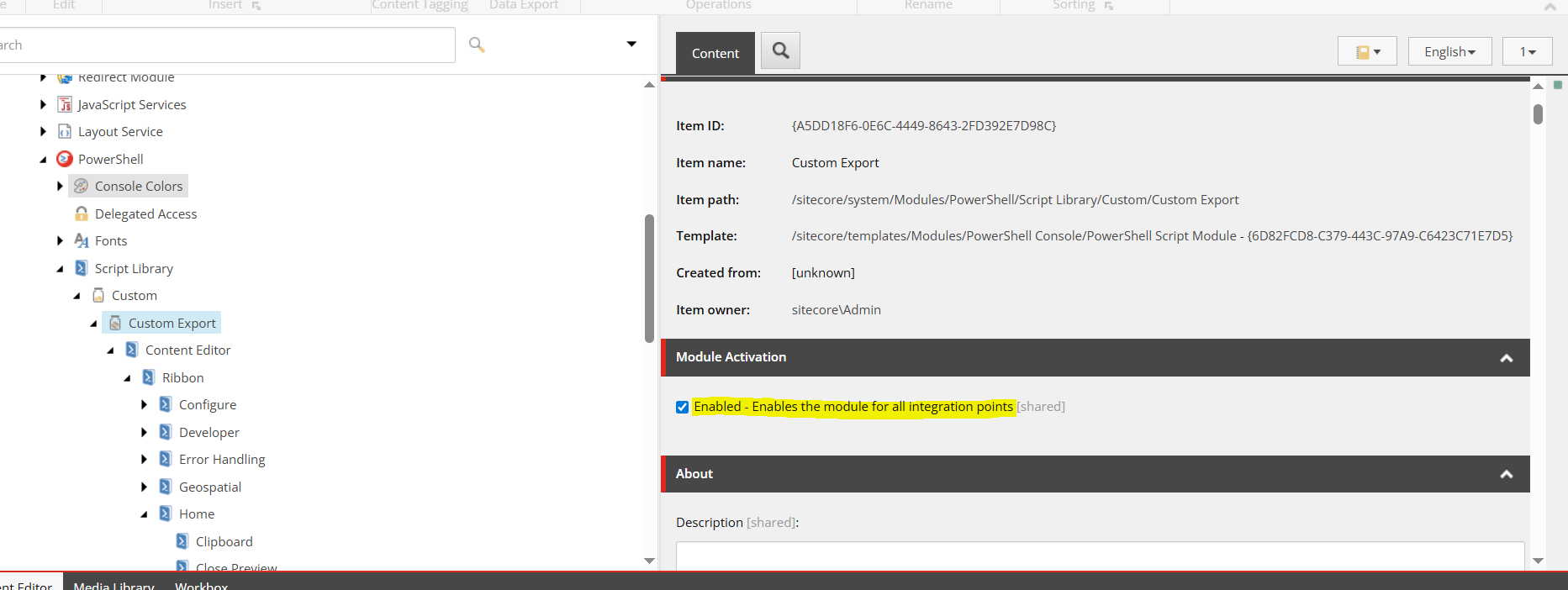 Content Editor showing 'Enabled' checkbox under Module Activation section selected