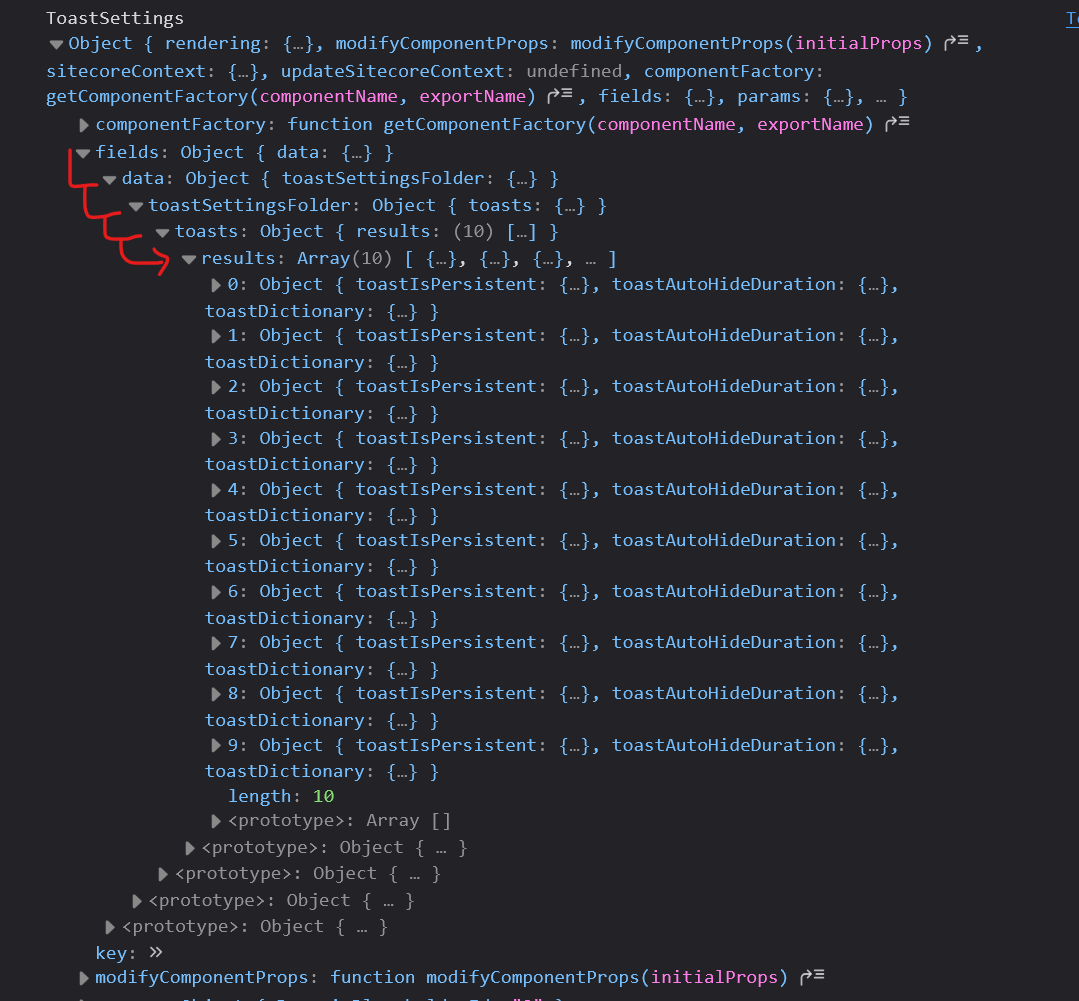Debug view showing the received component props, specifically the results array of toast settings.