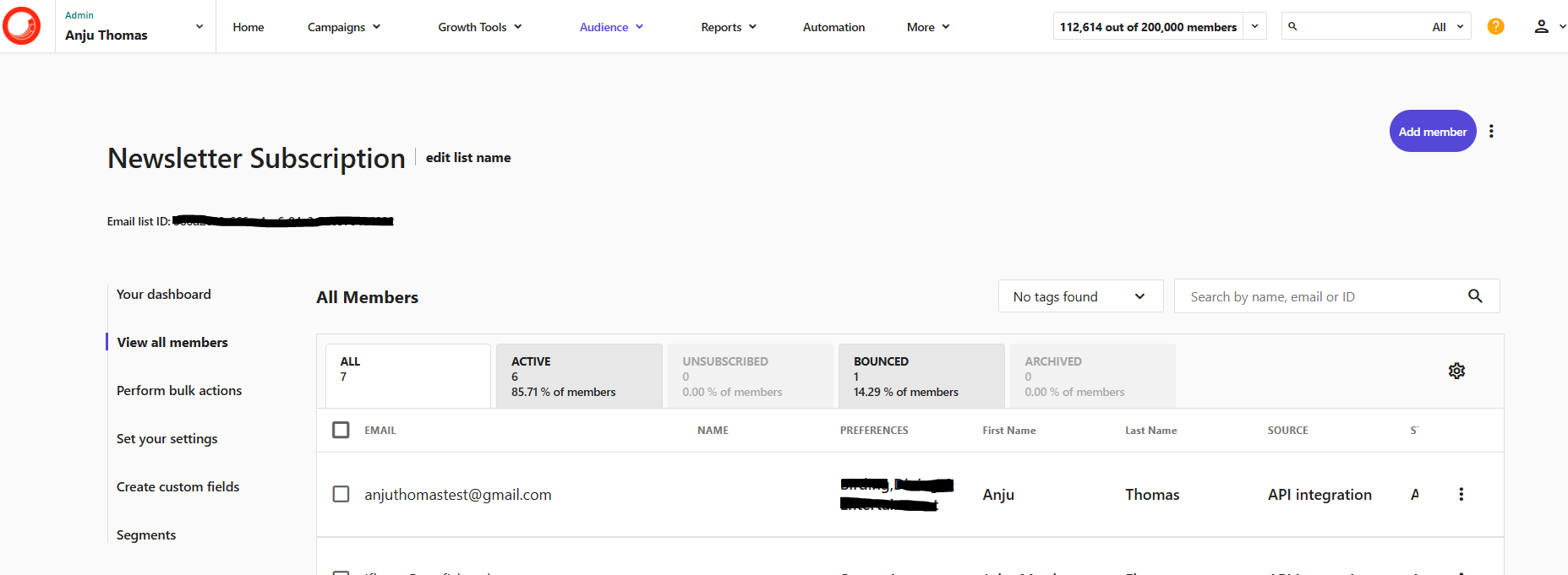 Newsletter subscription dashboard showing member list status