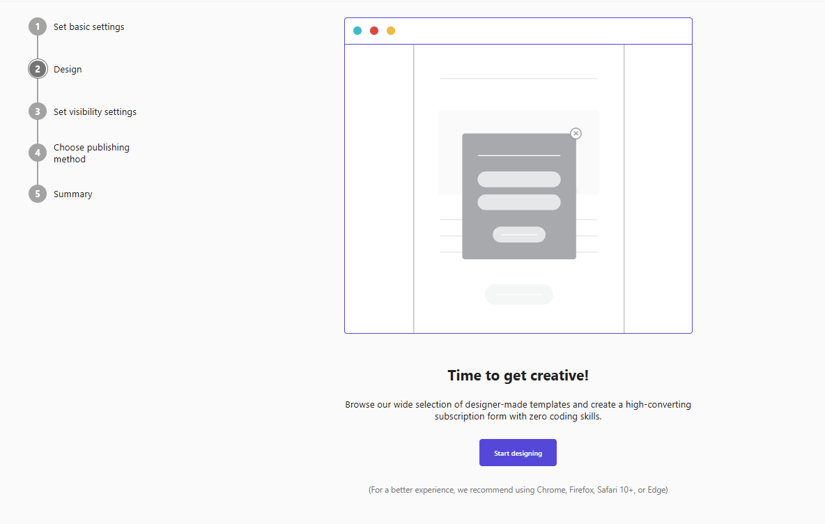 Design step of inline subscription form creation