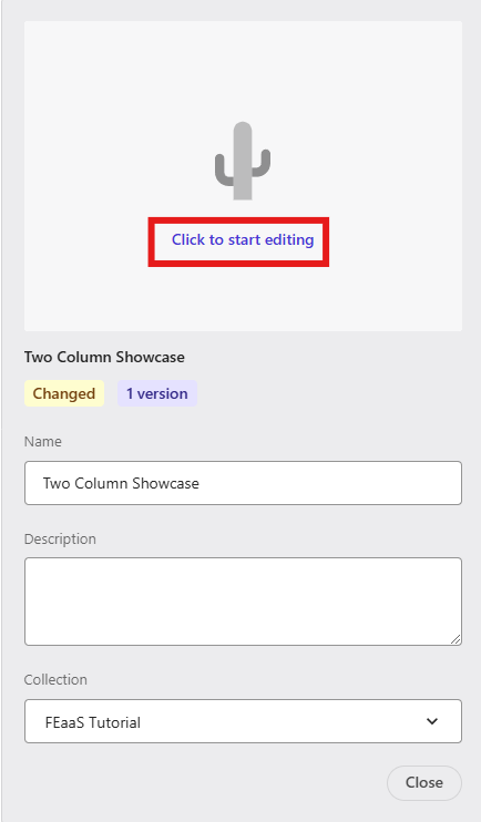 Click to start editing prompt displayed for a new FEaaS component in Sitecore XM Cloud