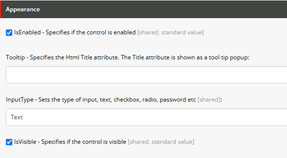 Appearance settings panel with enabled and visible checkboxes, tooltip input, and input type set to 
