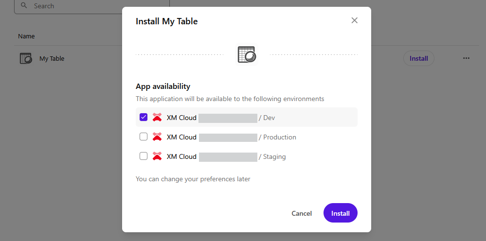 Dialog to install My Table app, with Dev environment selected.