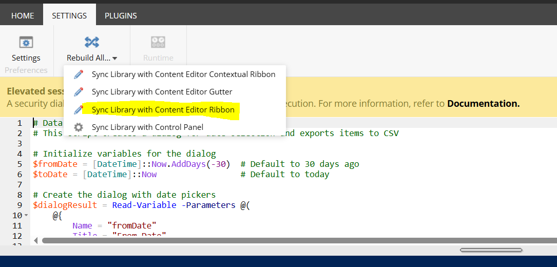 Settings tab open in SPE with 'Sync Library with Content Editor Ribbon' option highlighted