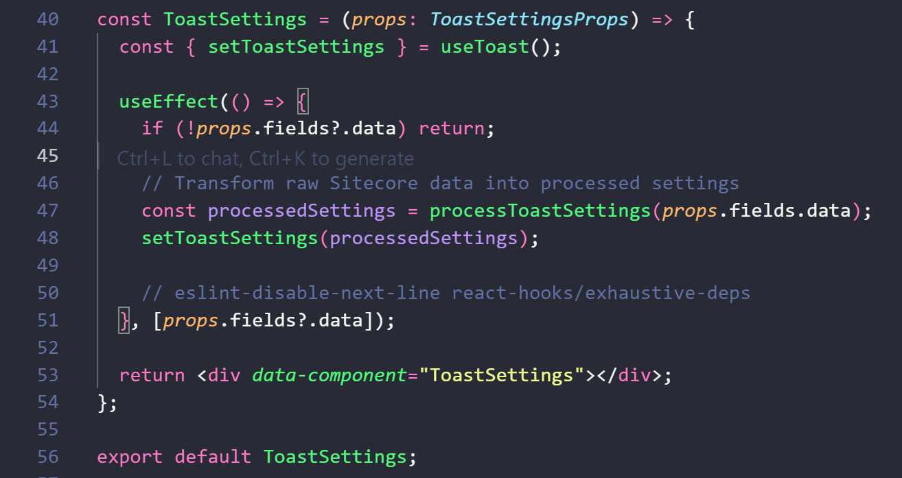 React component code using useEffect to process props.fields.data and set toast settings.