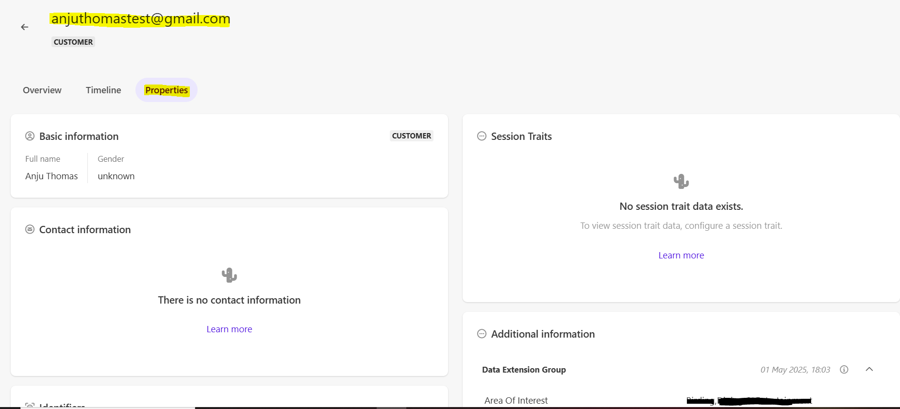 User profile view showing email address and basic details