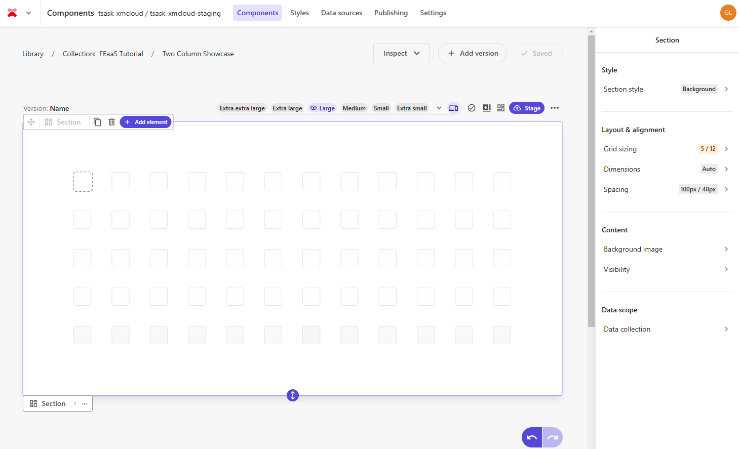 Sitecore XM Cloud component editor showing grid layout