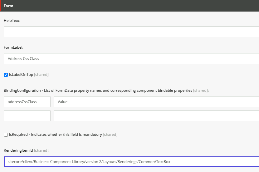 Form settings panel showing label position toggle, CSS binding configuration, and rendering item path