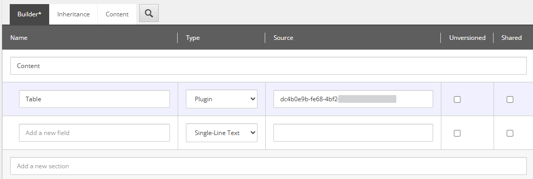 Sitecore Template Builder with a Table field of type Plugin, showing a partial App ID in the source.