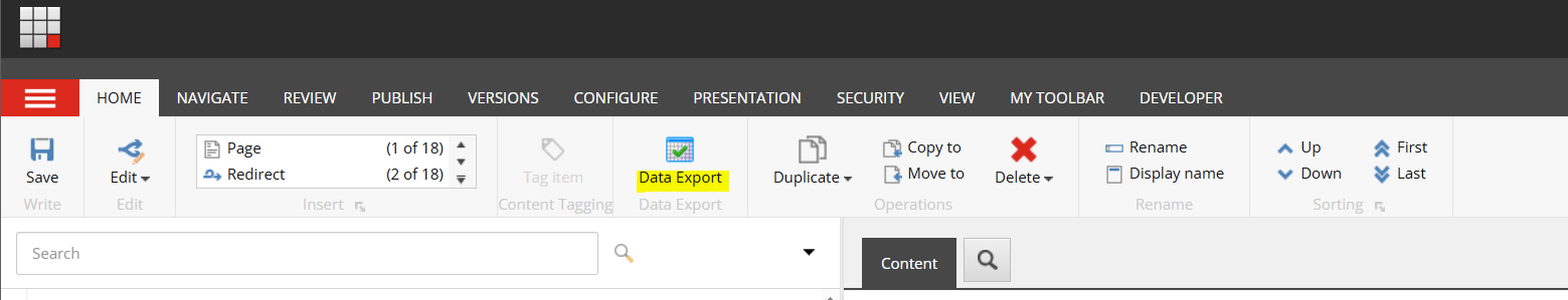Sitecore Content Editor ribbon showing a custom 'Data Export' button highlighted under the Home tab