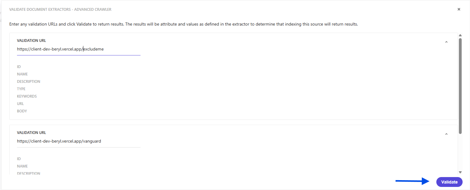 User interface showing validation URLs entered into a form, with a 