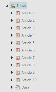 Sitecore content tree displaying 10 News articles under a News folder.