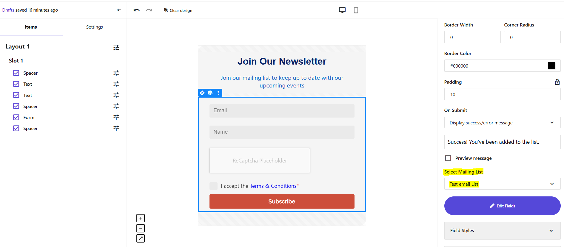 Email subscription form builder with newsletter signup form preview and form settings panel