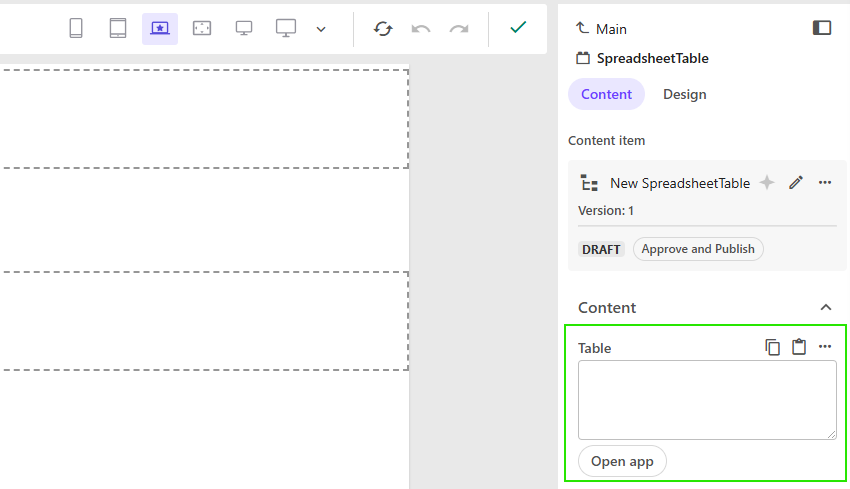 Sitecore Page Editor, highlighting the custom Table field in the content panel with an Open app link.