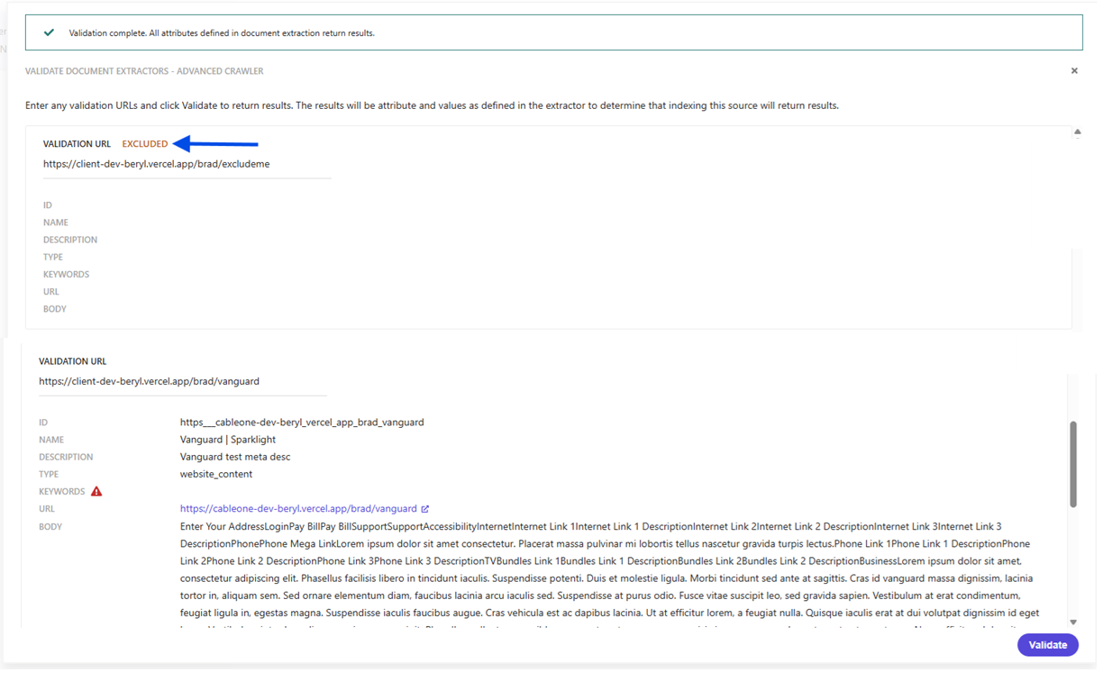 Validation results interface showing one URL marked as 