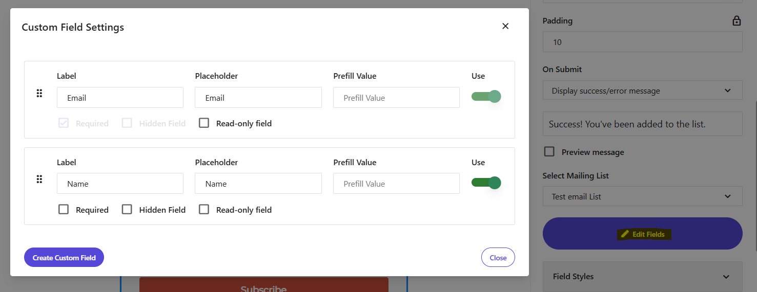 Custom field settings panel with editable labels, placeholders, and prefill values for Email and Name fields in a subscription form builder