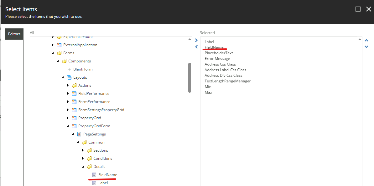 Sitecore item selection panel